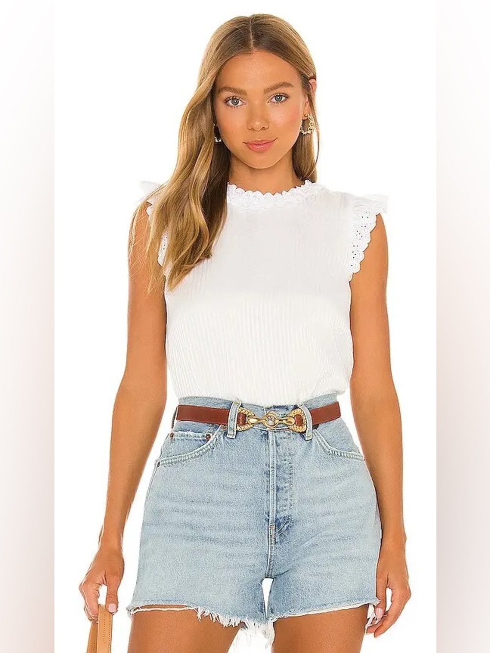 CAMI NYC Miranda White Eyelet Ruffle Sleeve Cotton Top